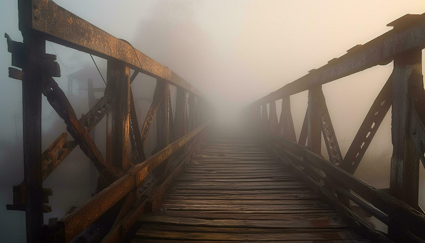 une tranquille passerelle disparition dans le brumeux l'automne paysage généré par ai photo