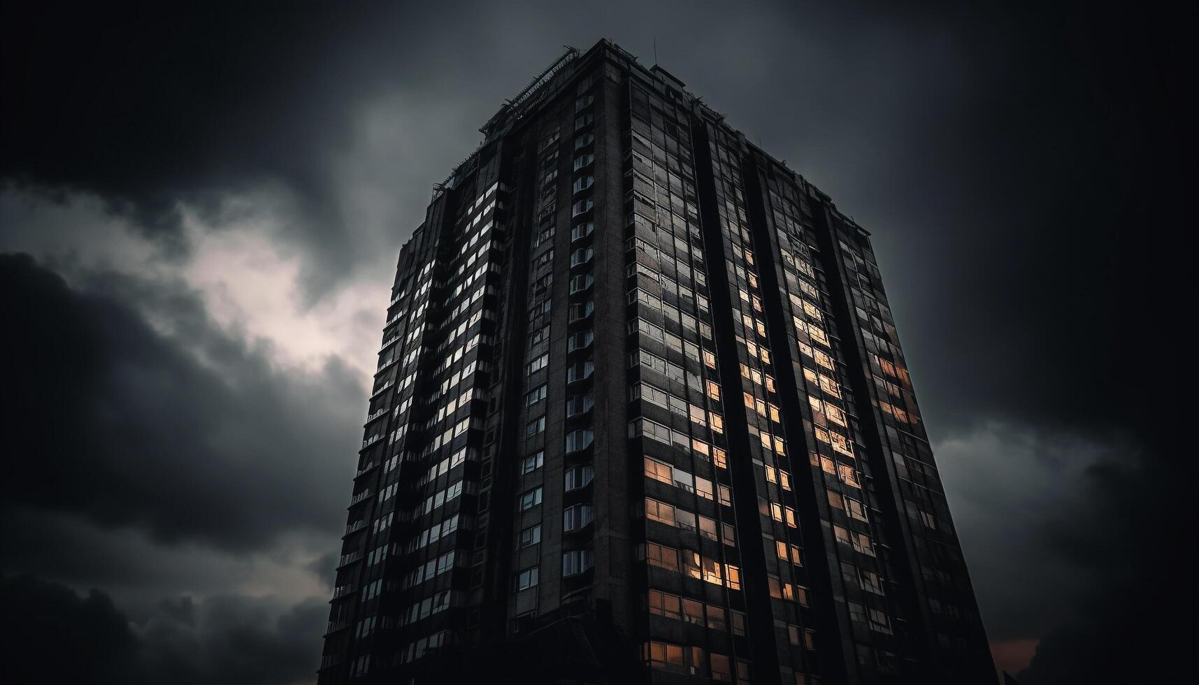 acier gratte-ciel silhouette contre de mauvaise humeur ciel, reflétant futuriste ville la vie généré par ai photo