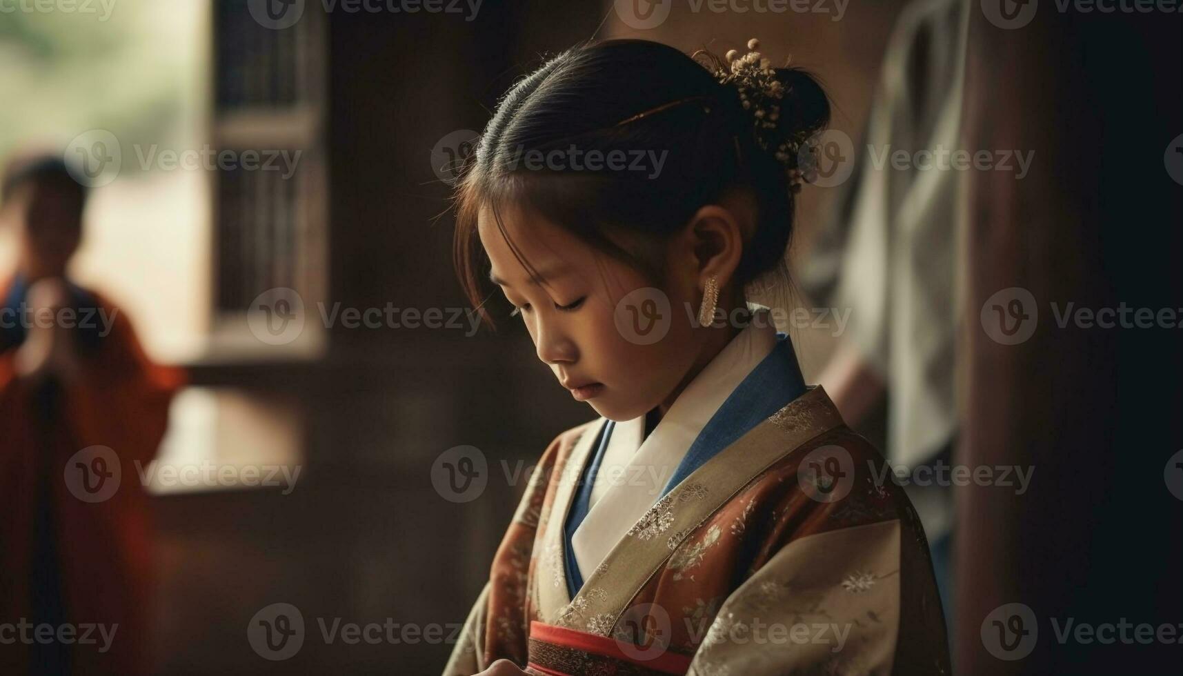 souriant Japonais fille dans traditionnel Vêtements jouit apprentissage en plein air avec famille généré par ai photo