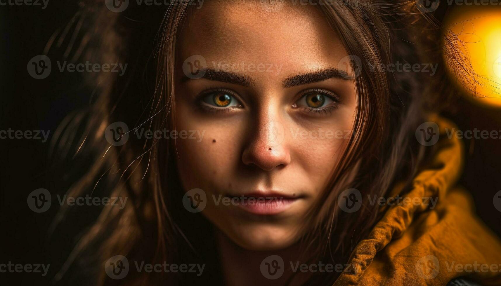 sur de soi Jeune femme avec marron yeux dégage élégance et sensualité généré par ai photo