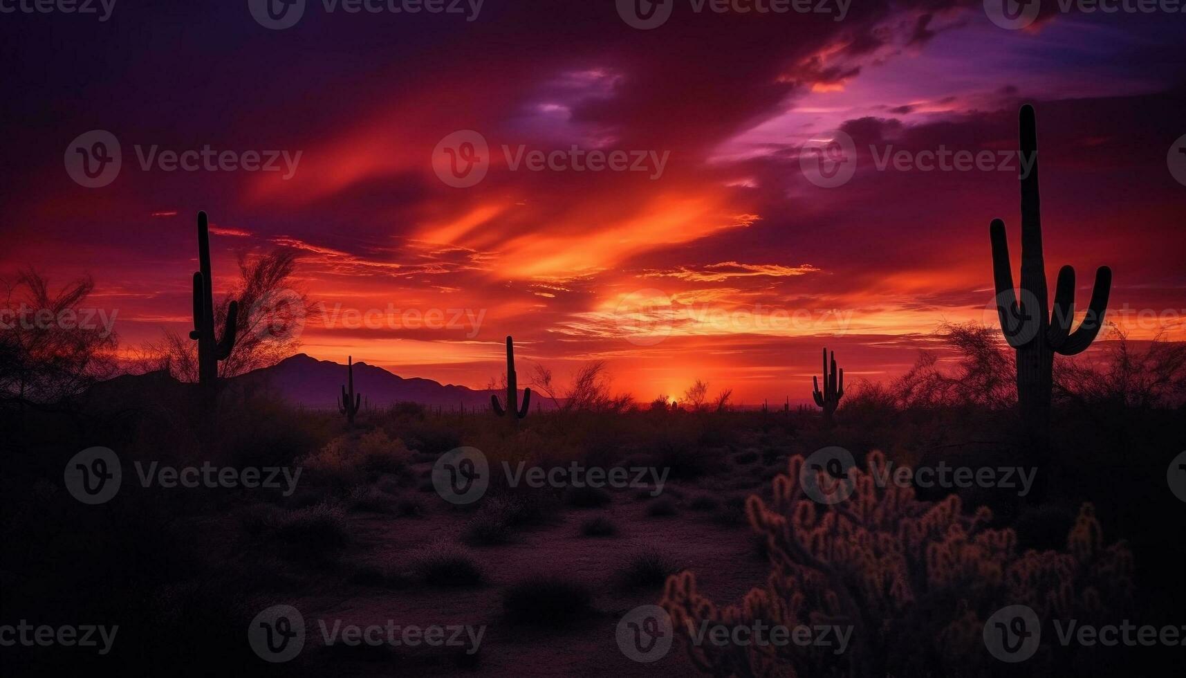 tranquille le coucher du soleil plus de aride paysage, silhouettes de cactus et montagnes généré par ai photo