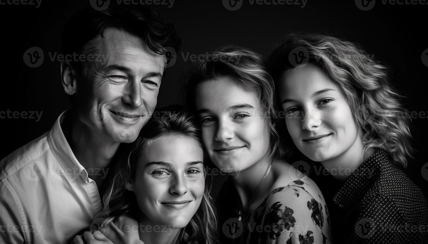 une joyeux famille embrasse, souriant pour une noir et blanc portrait généré par ai photo