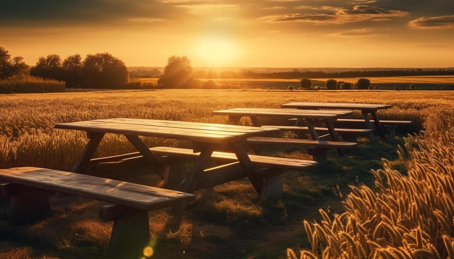 tranquille le coucher du soleil plus de rustique cultiver, chaises sur herbeux Prairie généré par ai photo