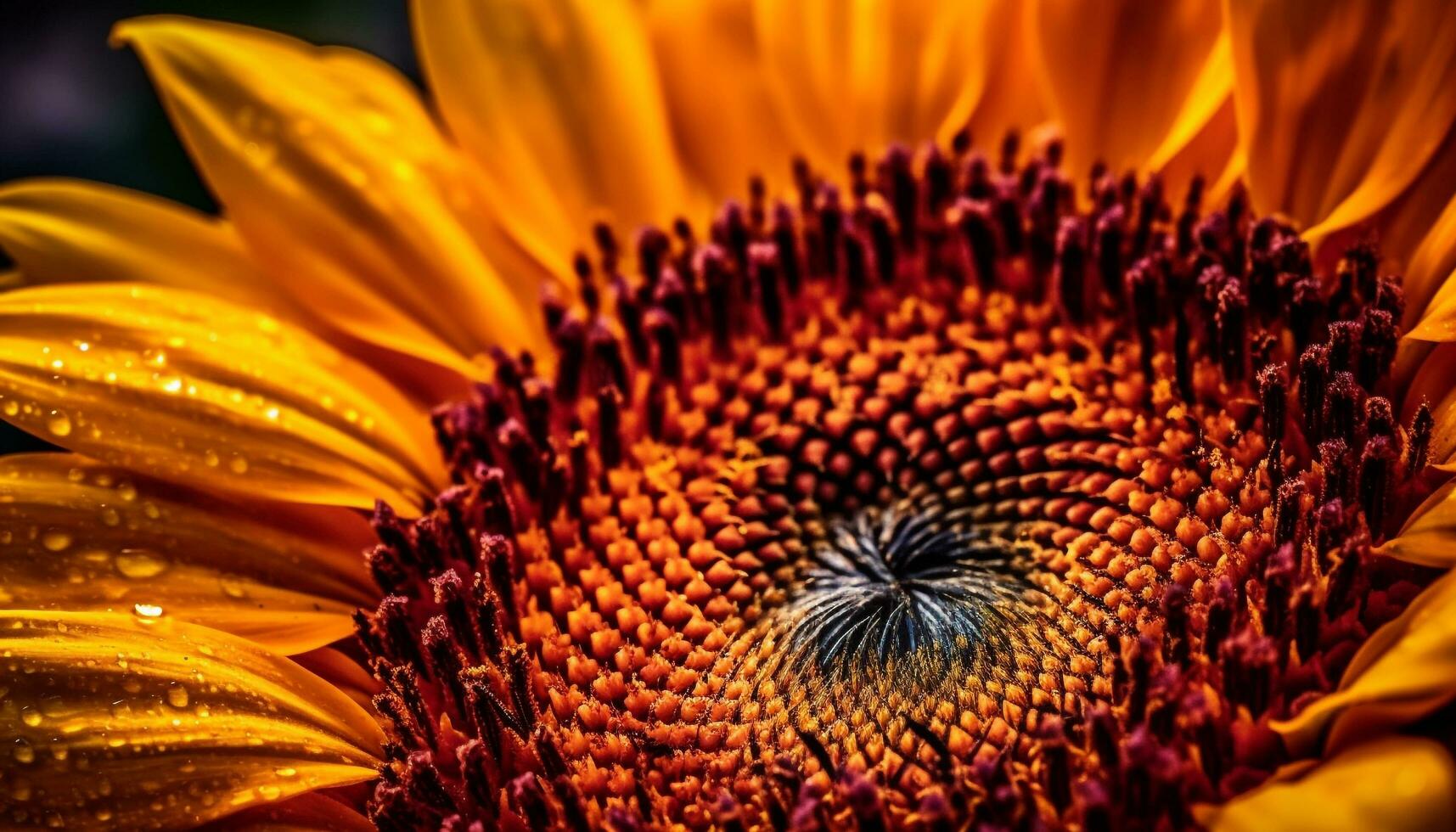 vibrant tournesol pétale, rosée goutte, la nature beauté dans proche en haut généré par ai photo