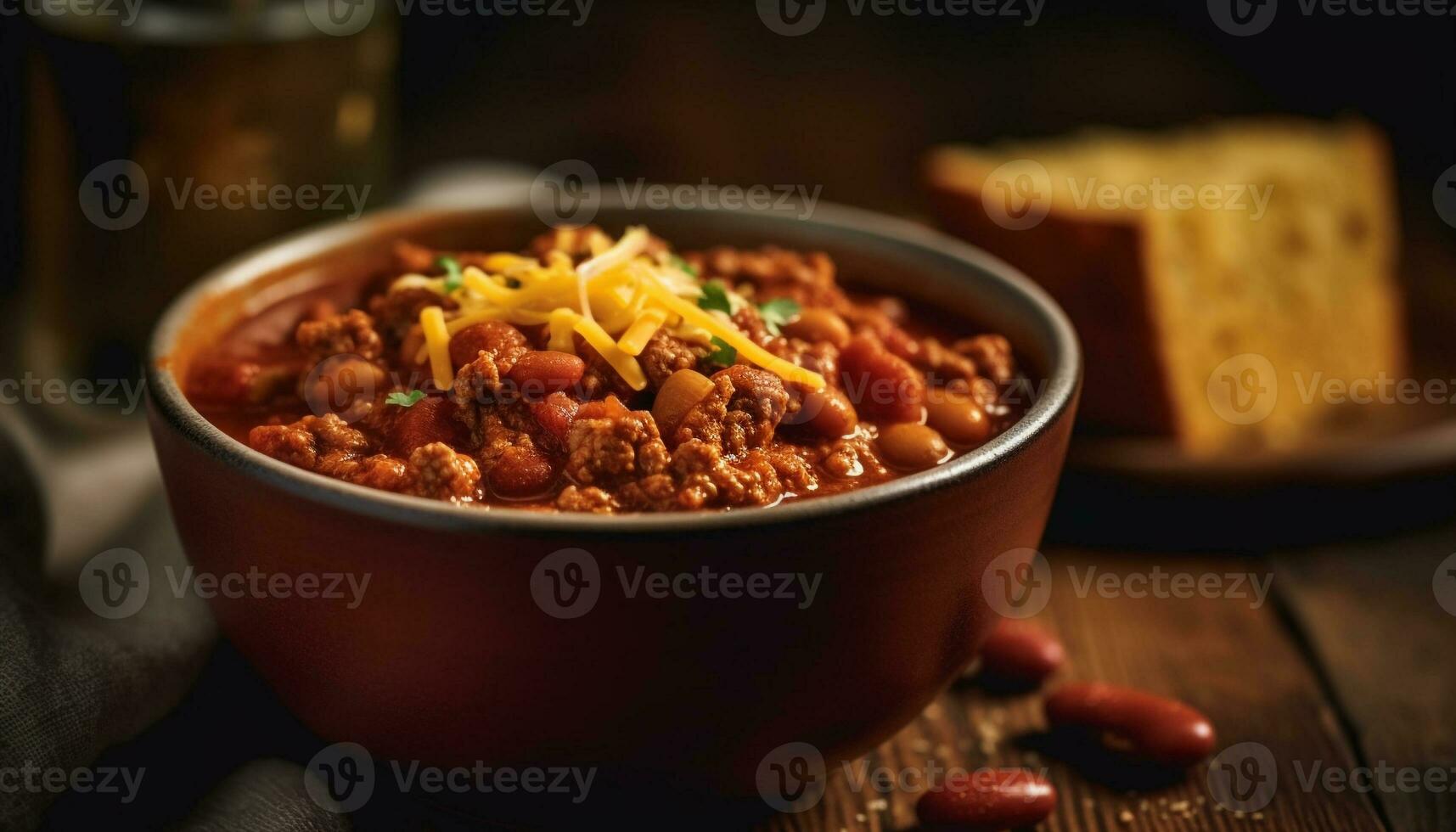 une rustique bol de fait maison le Chili, cuit avec Frais Viande généré par ai photo