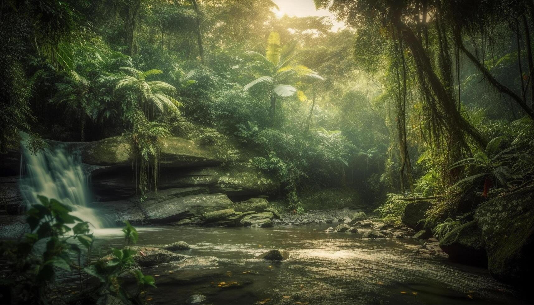 le beauté de bali tropical climat paume des arbres, fougères, et lumière du soleil généré par ai photo