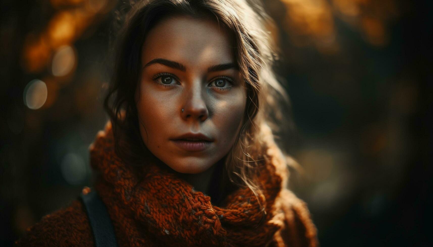 sur de soi Jeune femme dans chaud hiver porter sourit dans forêt généré par ai photo
