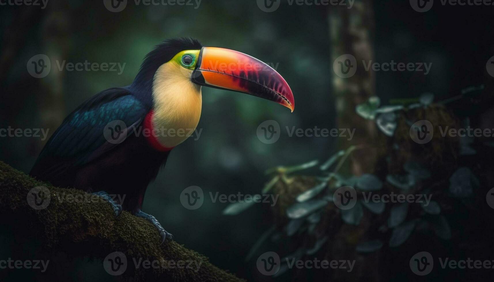 le vibrant toucan perchoirs sur une branche dans le forêt tropicale généré par ai photo