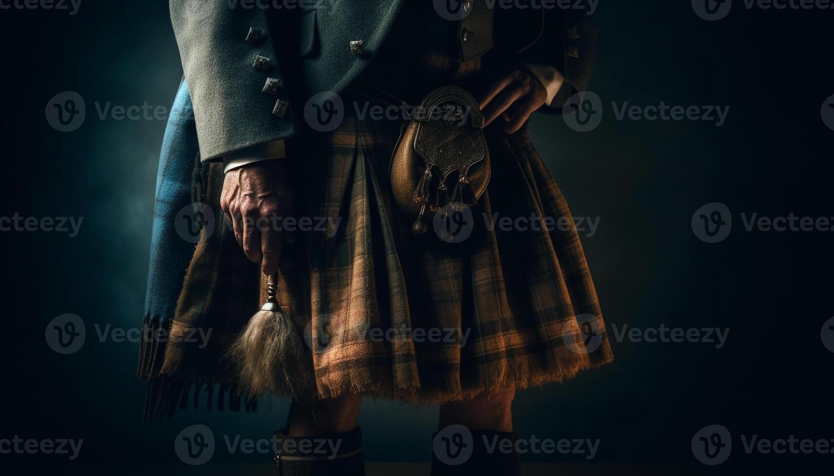 une Écossais homme dans traditionnel kilt des promenades élégamment sur étape généré par ai photo