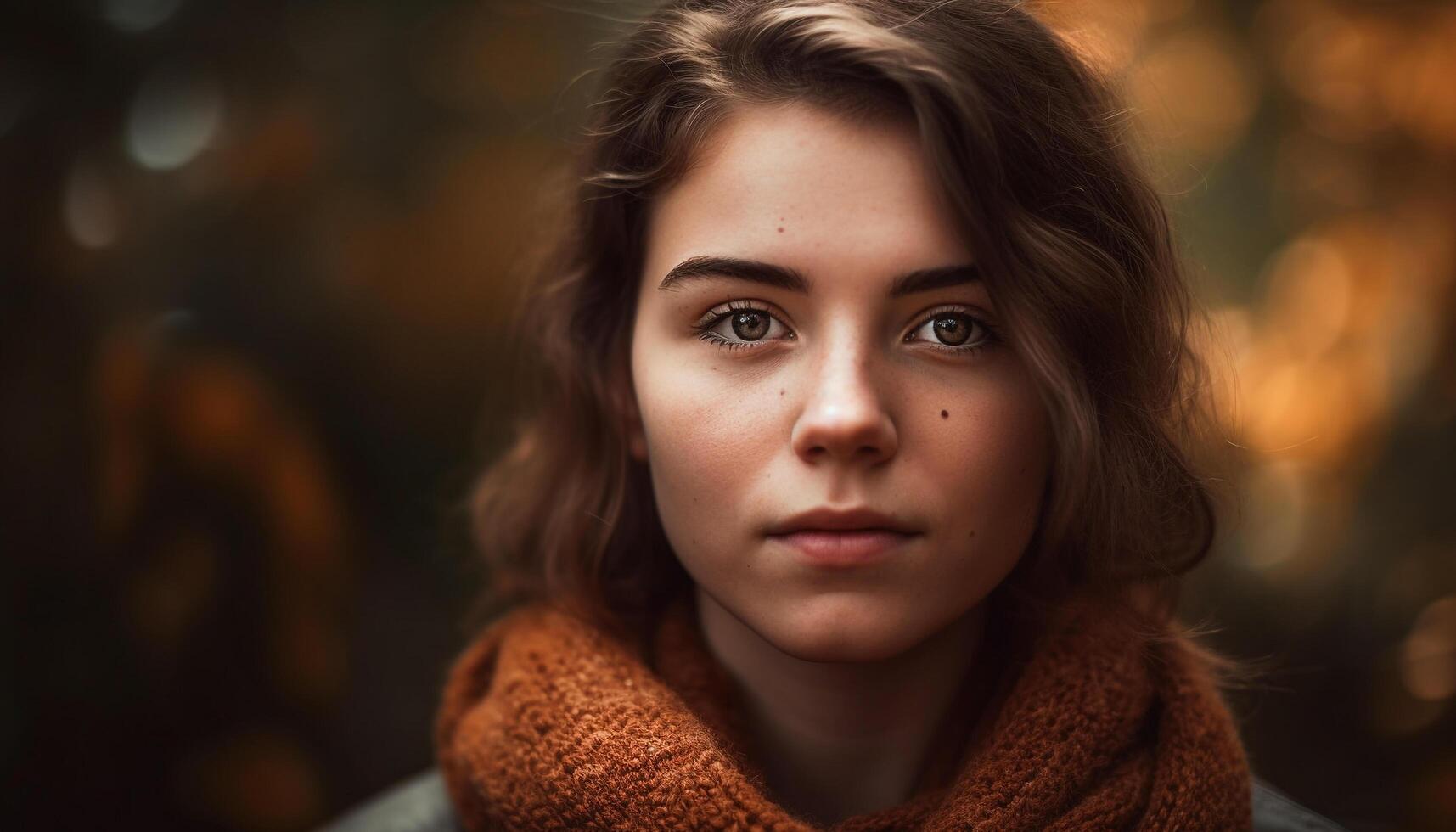 mignonne Jeune femme souriant en toute confiance dans l'automne forêt photo du visage généré par ai