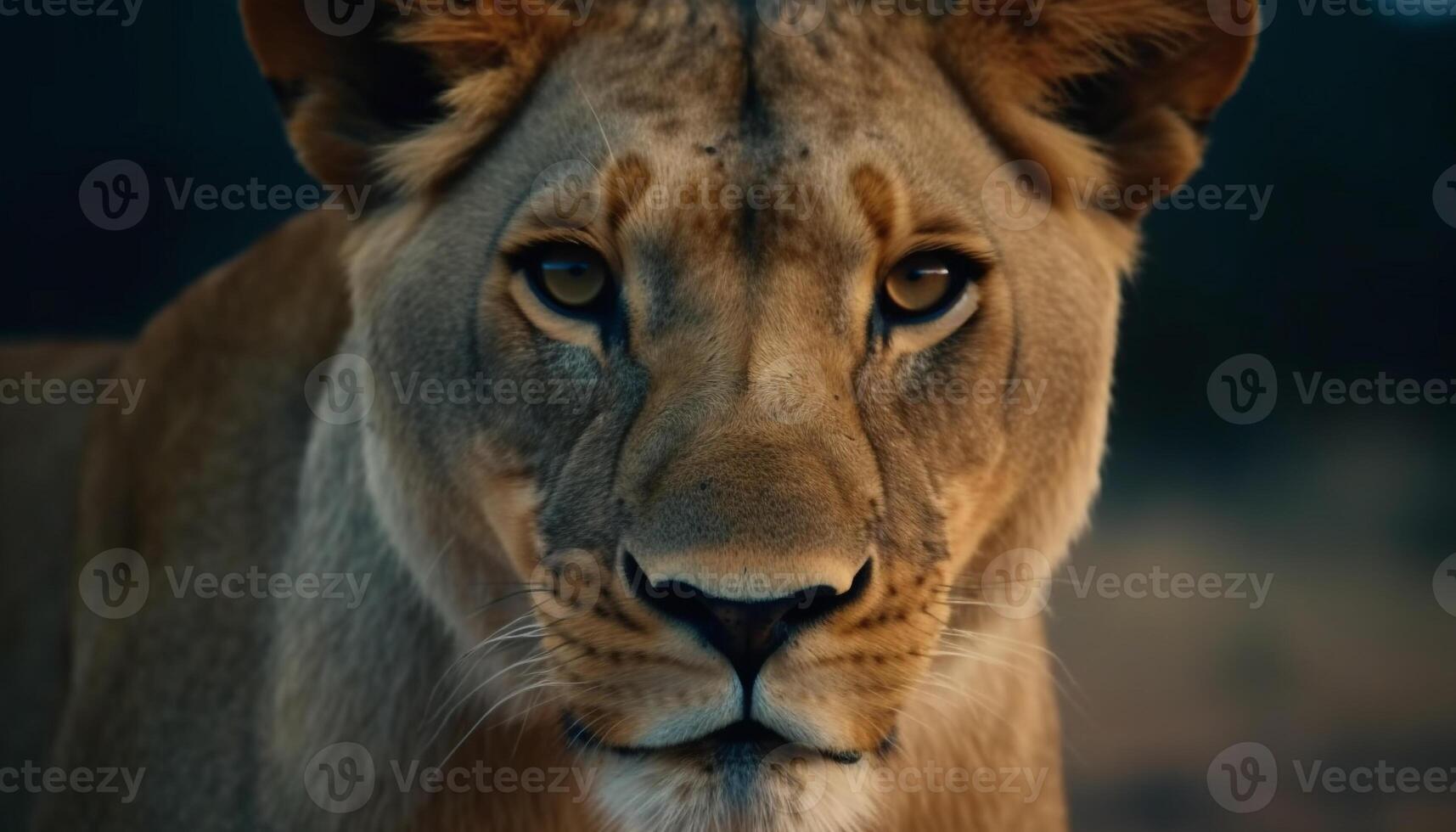 majestueux lionne regarde à caméra, en danger beauté dans la nature région sauvage généré par ai photo