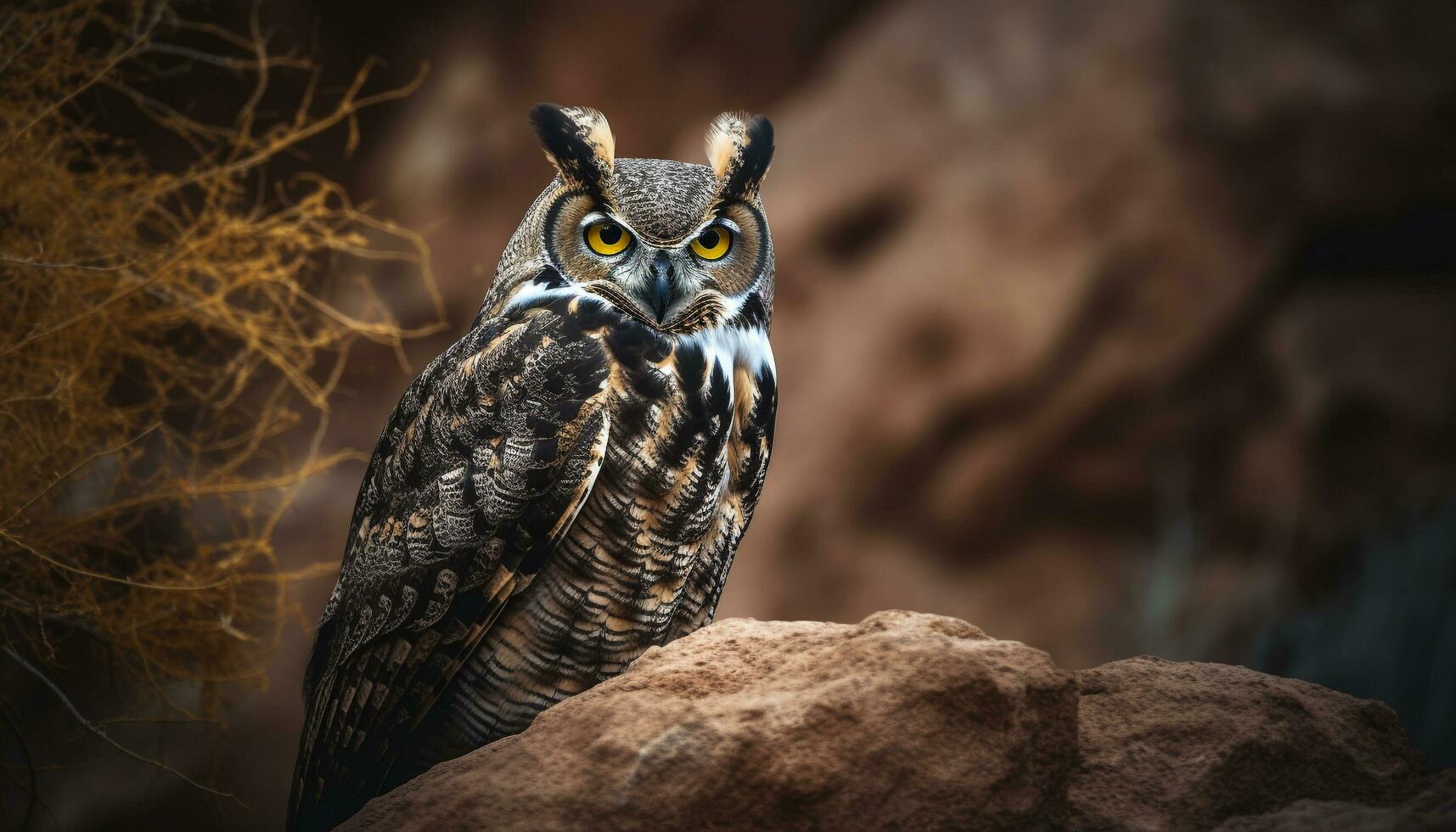 majestueux génial cornu hibou se percher sur bifurquer, regarder à caméra généré par ai photo