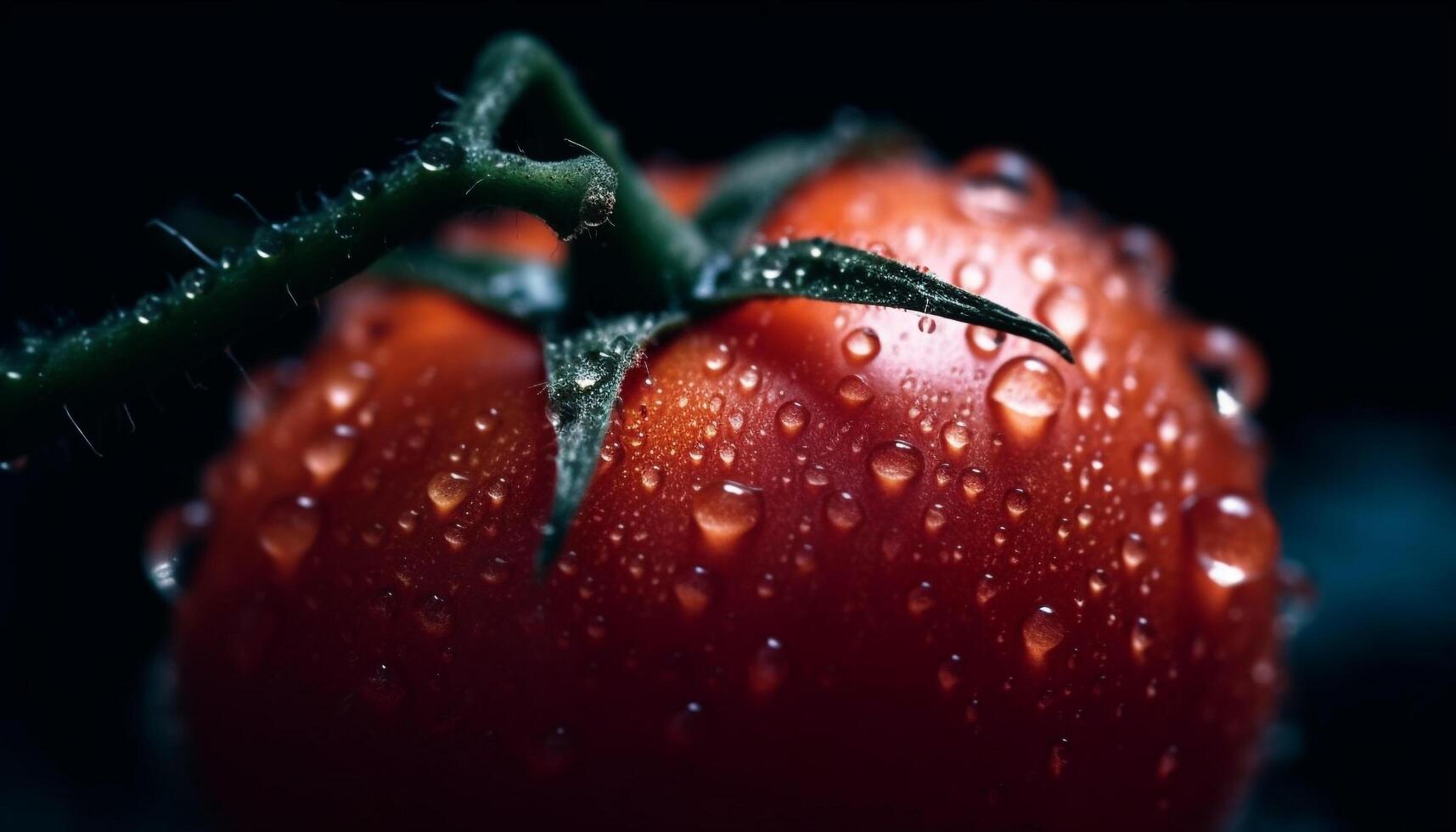 mûr tomate scintille avec rosée, une Frais laissez tomber de la nature généré par ai photo