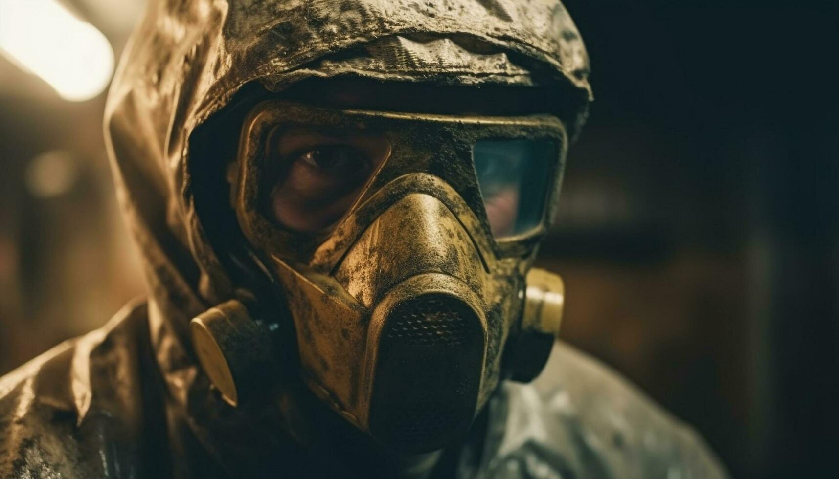 un homme dans protecteur vêtements de travail et gaz masque, à la recherche agressif généré par ai photo