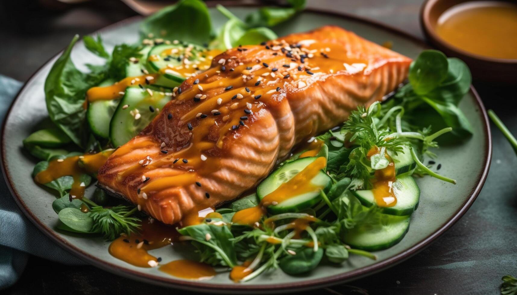 grillé Saumon filet avec biologique salade, concombre, et sésame sauce généré par ai photo