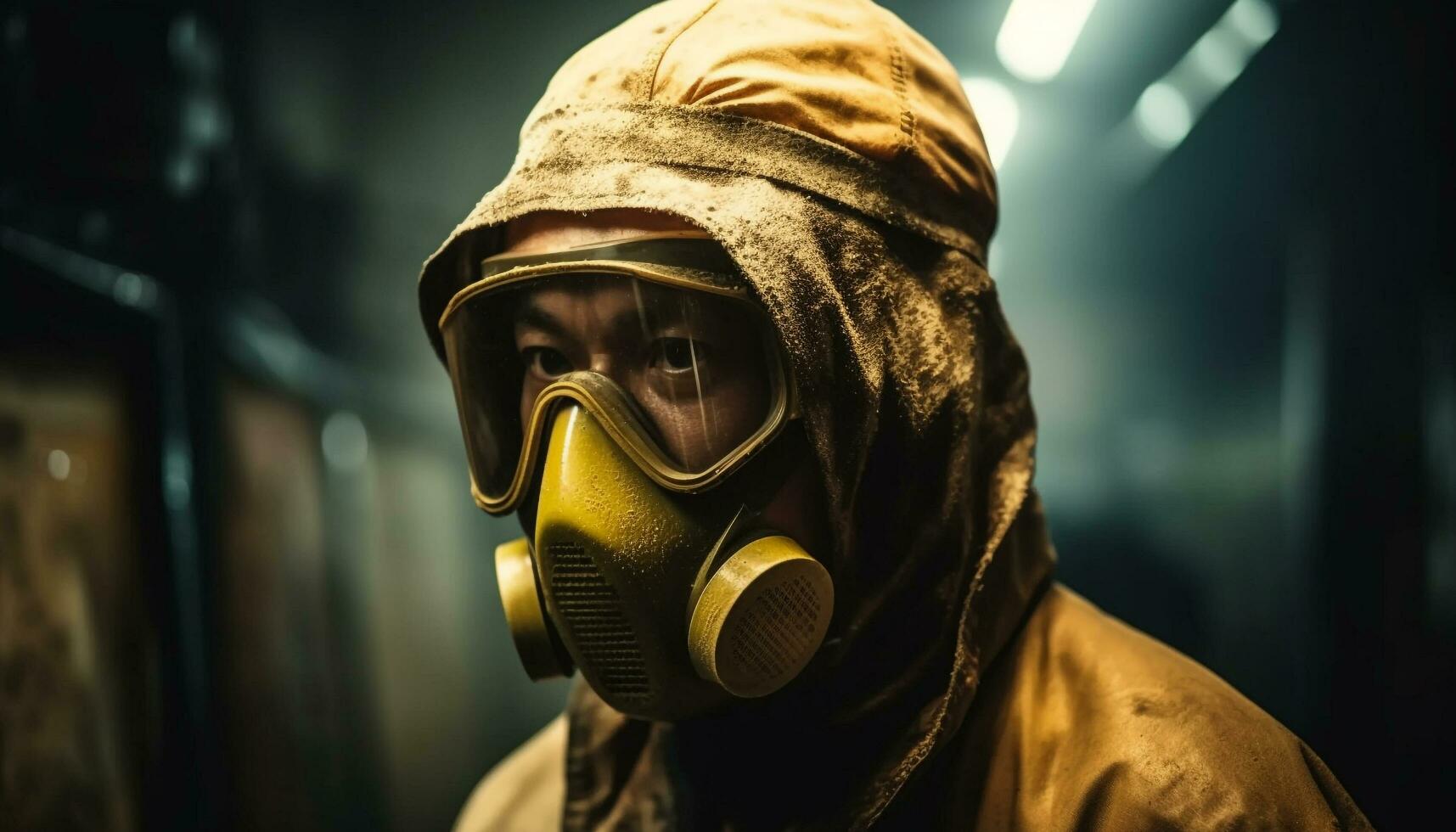 un la personne dans protecteur vêtements de travail et gaz masque travail à l'intérieur généré par ai photo