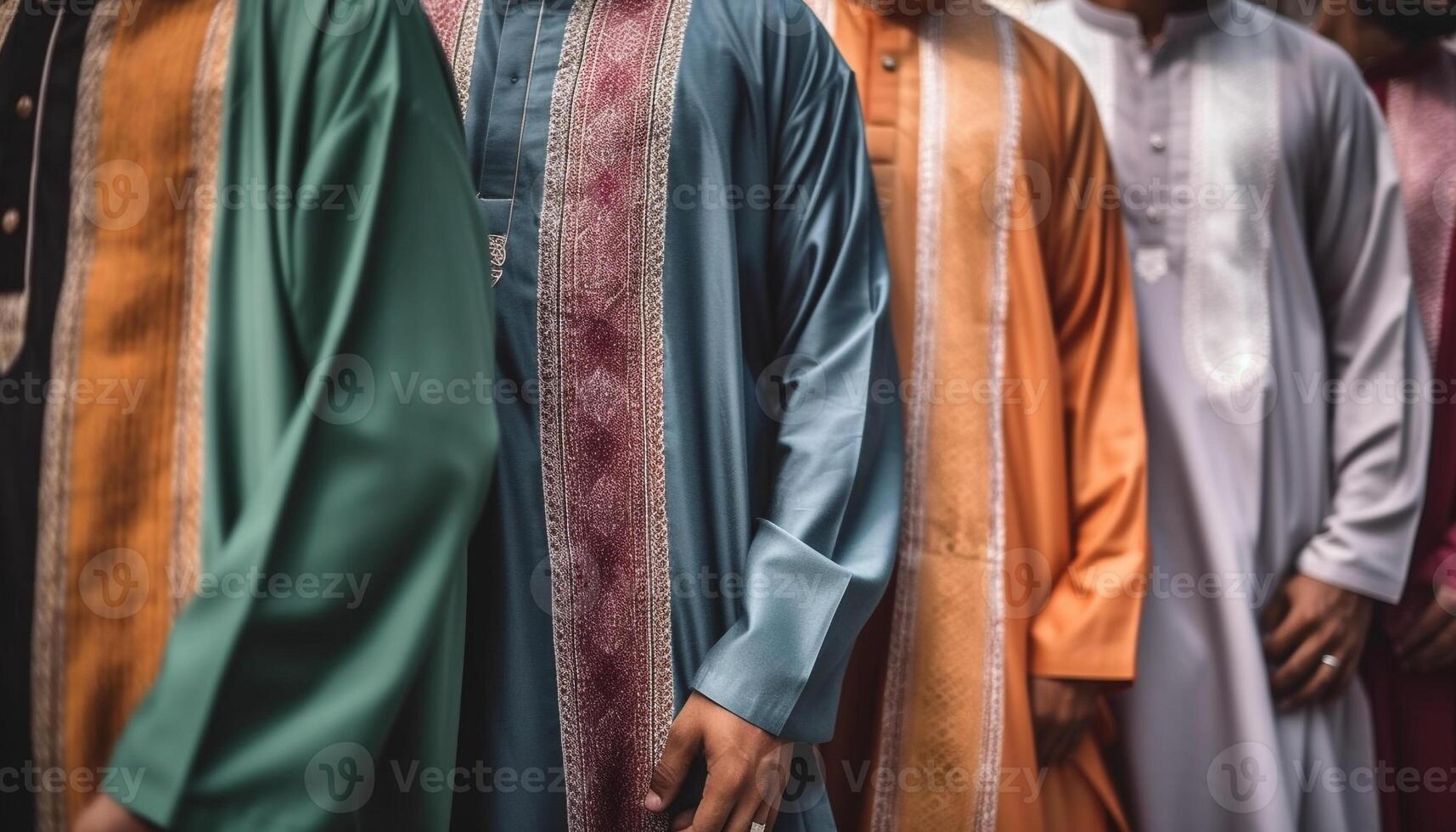 une groupe de sur de soi les hommes d'affaires en marchant dans multi coloré vêtements de cérémonie généré par ai photo