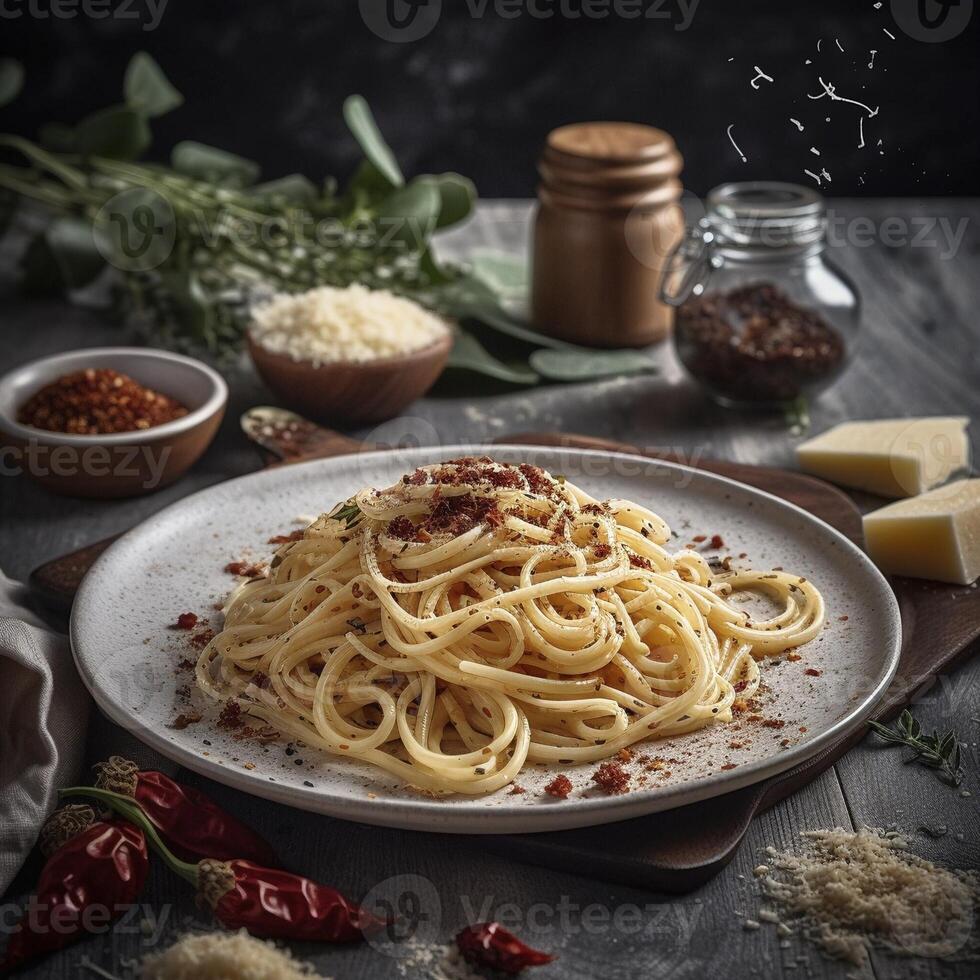 sans viande carbonara spaghetti avec séché tomates et pecorino fromage, établi avec génératif ai photo