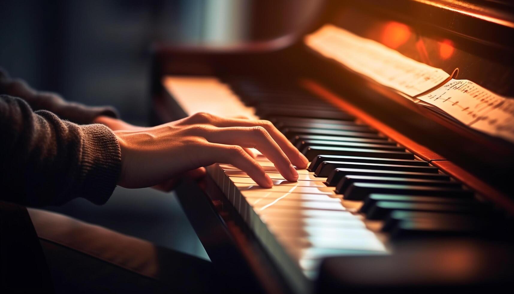 caucasien pianiste en jouant une accord avec concentrer généré par ai photo