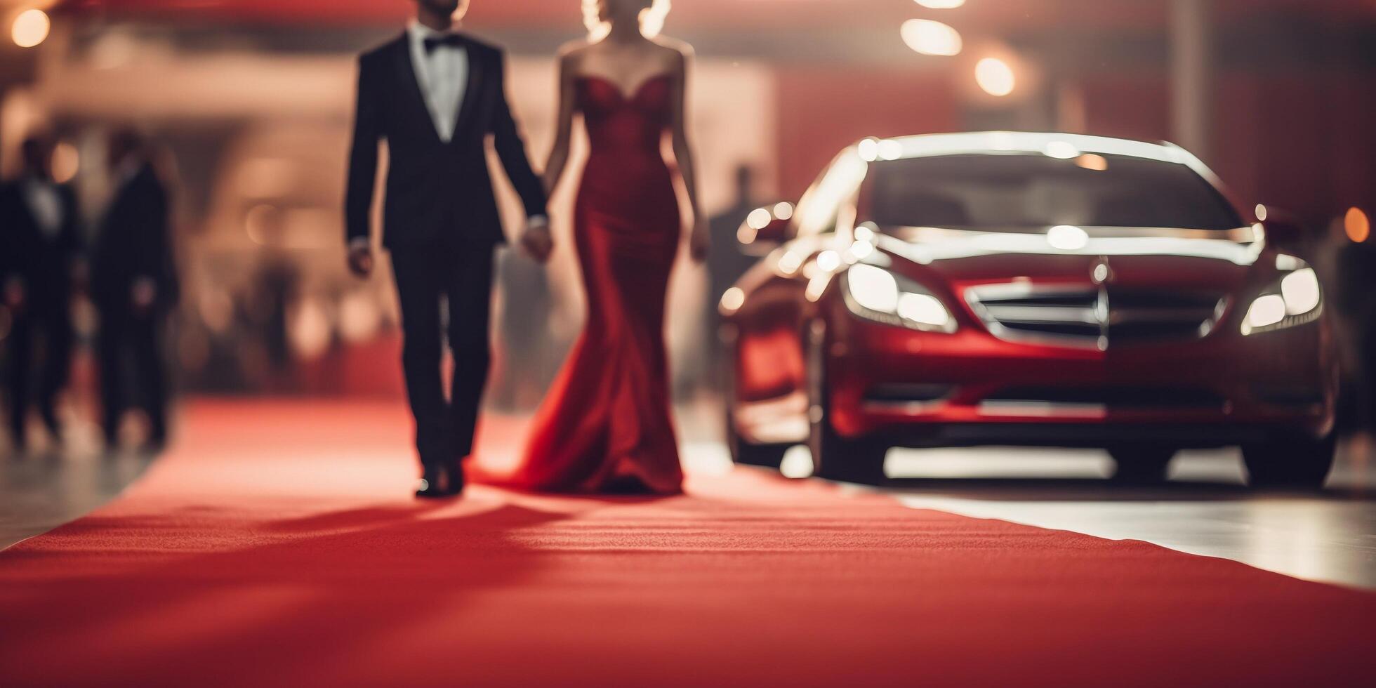 magnifique femme dans rouge robe sur rouge tapis avec luxe voitures sur Contexte avec ai généré. photo