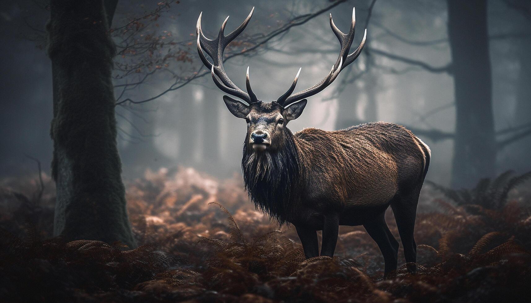 cornu cerf dans hiver forêt, tranquille beauté généré par ai photo