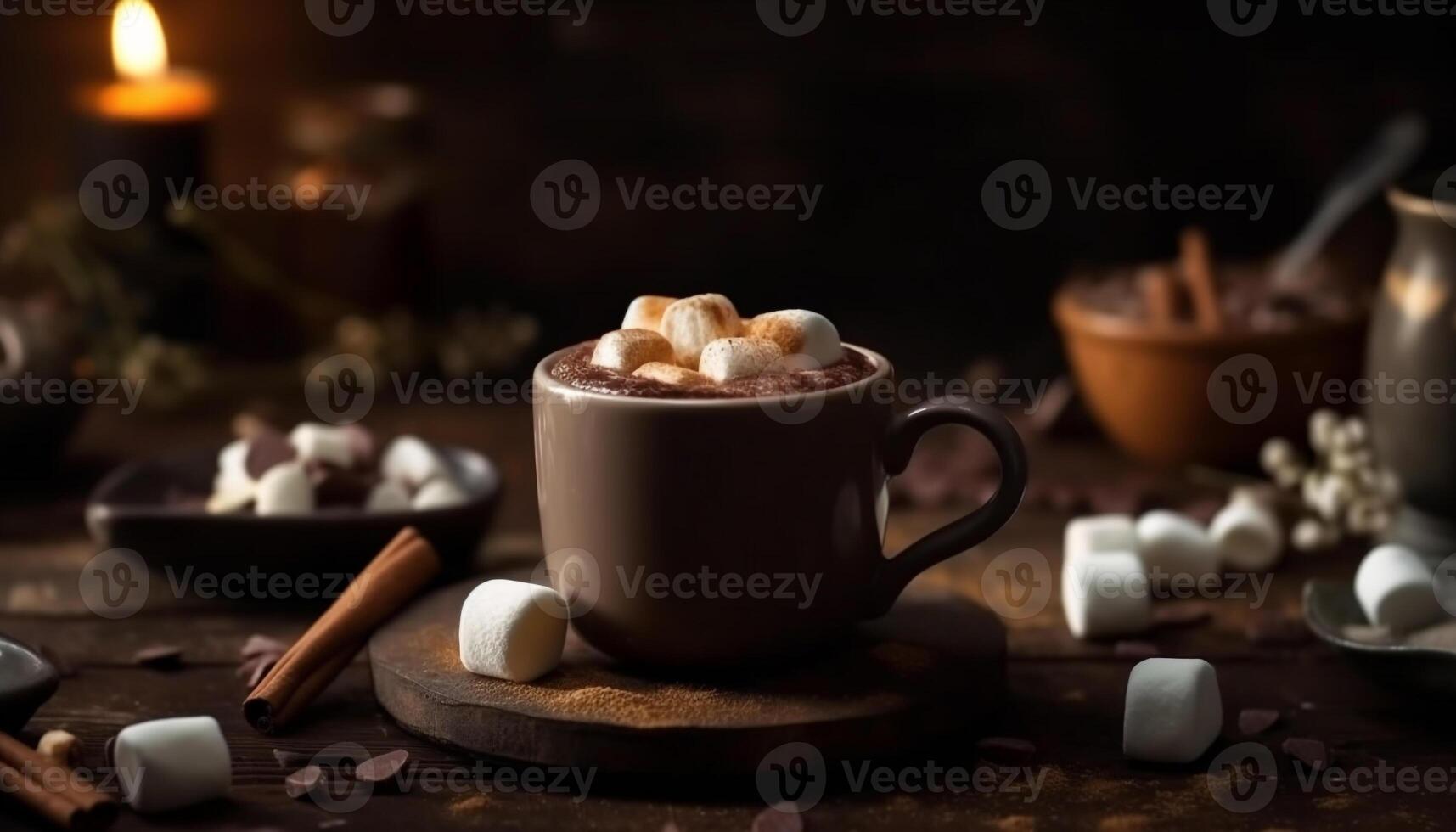 chaud Chocolat avec guimauves sur en bois table généré par ai photo