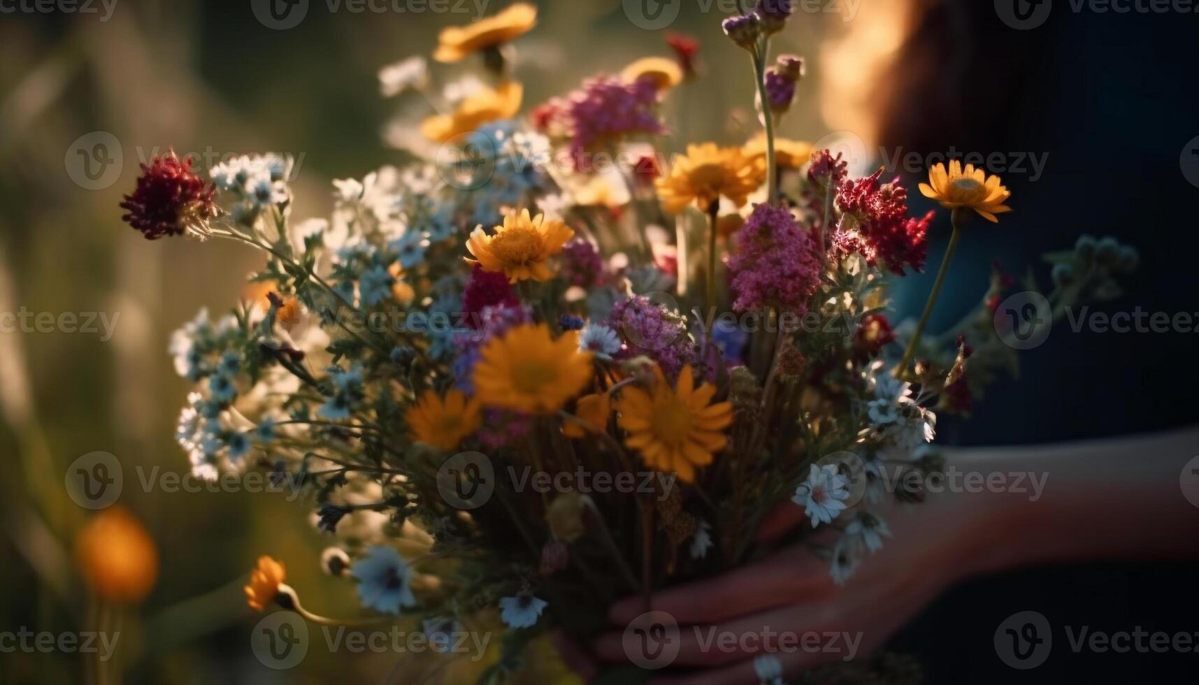 Jaune Marguerite bouquet tenue par femme en plein air généré par ai photo