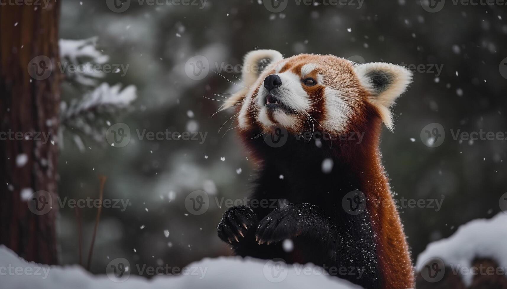 rouge Panda séance sur humide bifurquer, espiègle généré par ai photo
