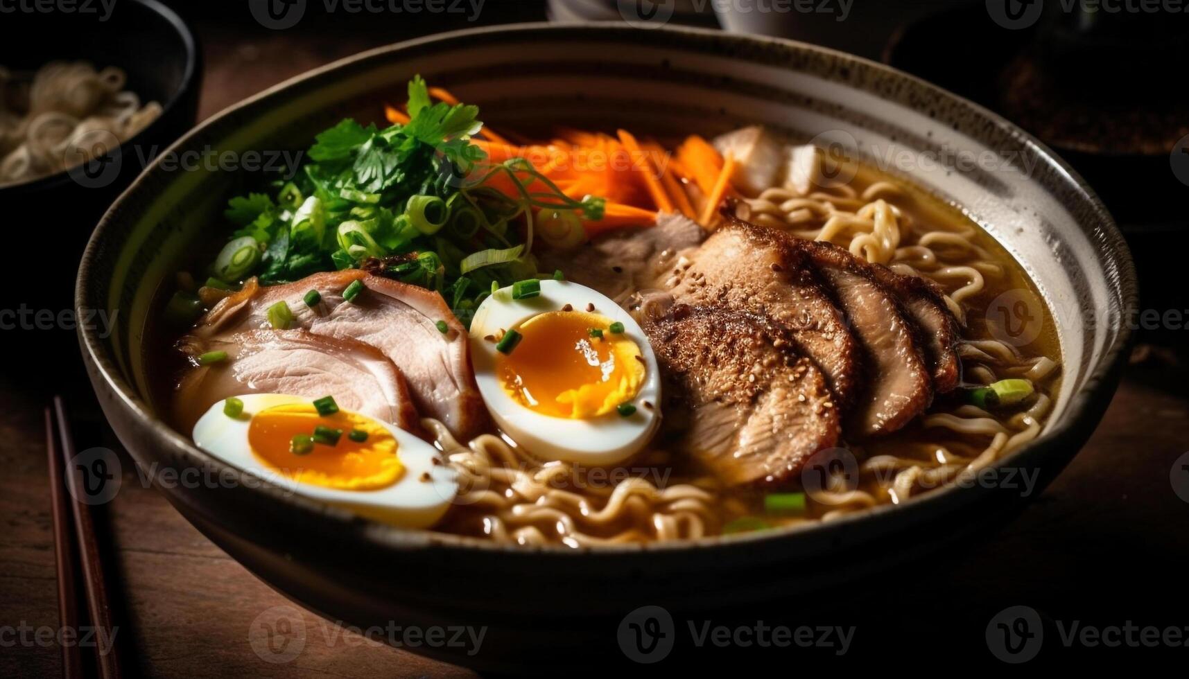 en bonne santé asiatique gourmet repas avec ramen nouilles généré par ai photo