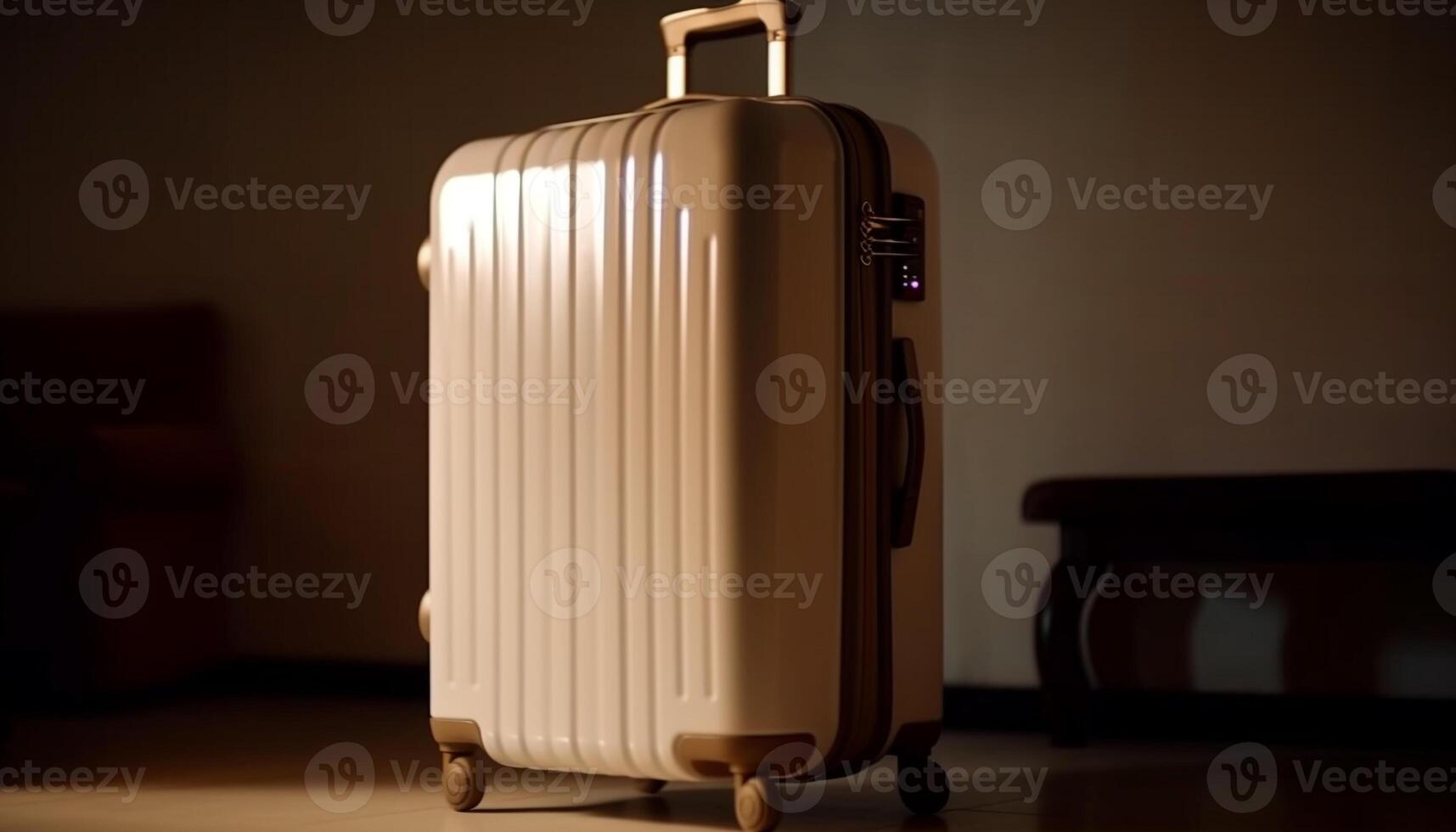 à roues valise attend aventure dans Hôtel pièce généré par ai photo