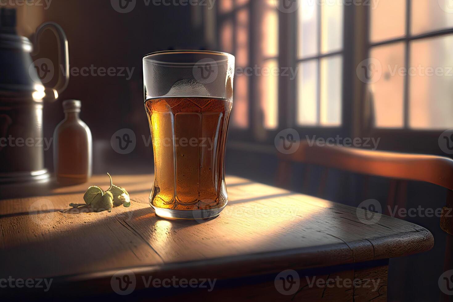 une légèrement ivre verre de Bière et un inflorescence de le houblon sur une en bois table en dessous de le des rayons de le réglage Soleil - génératif ai photo