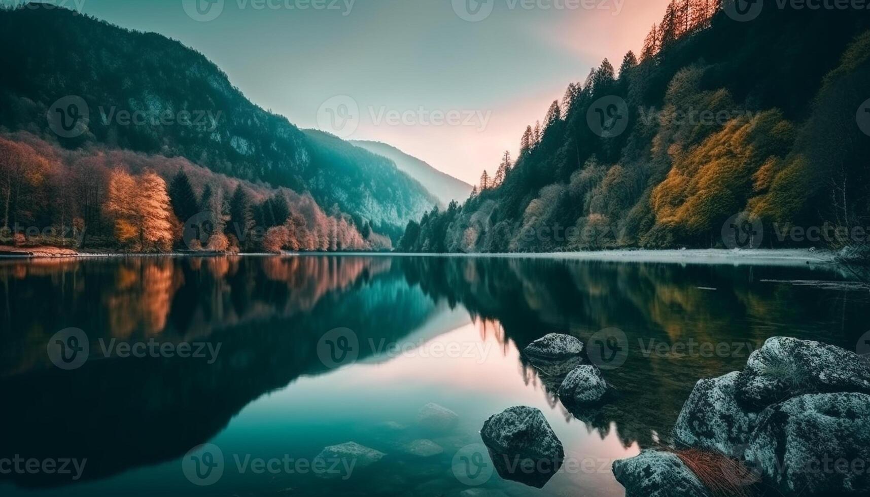 majestueux Montagne de pointe reflète tranquille l'automne le coucher du soleil généré par ai photo