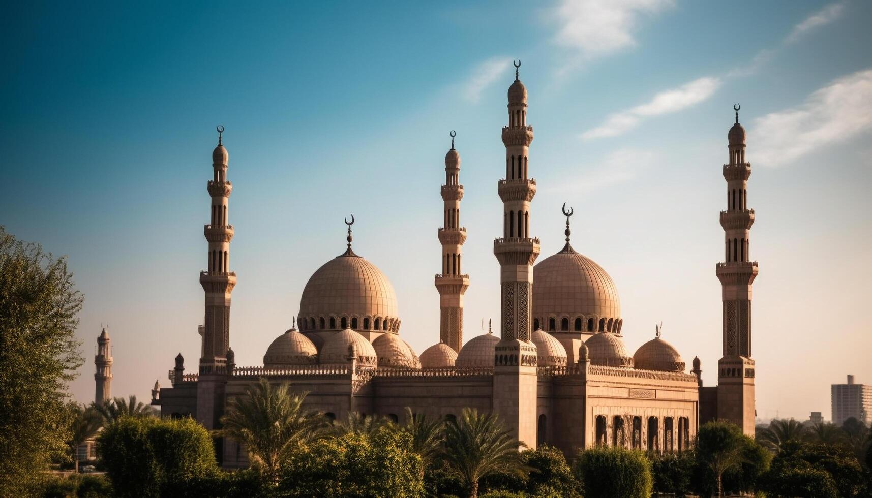 bleu mosquée illuminé à coucher de soleil, majestueux monument généré par ai photo