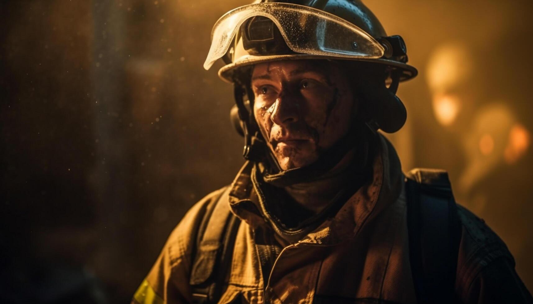caucasien sapeur pompier dans protecteur vêtements de travail batailles flammes génératif ai photo