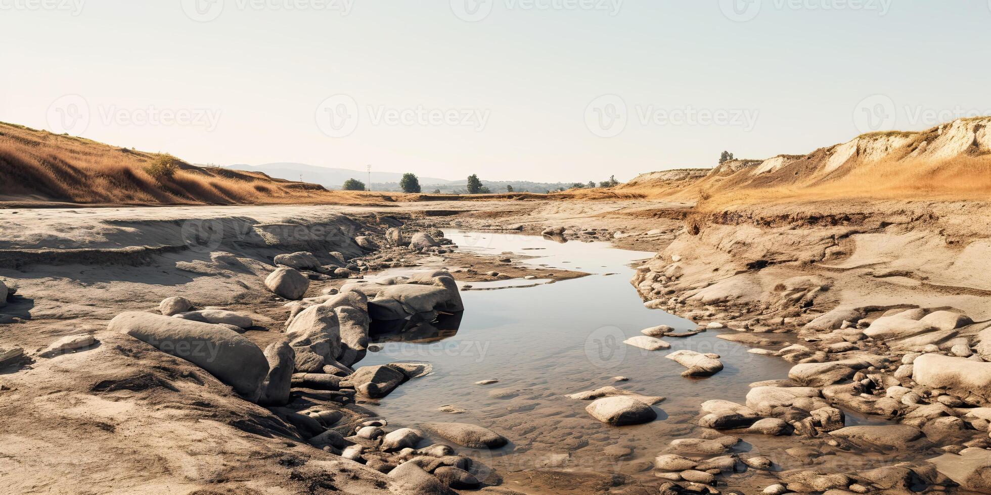 ai généré. ai génératif. séché Lac et rivière sur chaud non pluie été saison. aventure sauvage Extérieur la nature ambiance. graphique art photo