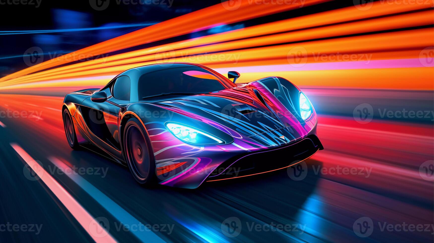 futuriste des sports voiture sur néon Autoroute, accélérant, nuit coureur, clignotant avant, astre saut génératif ai photo