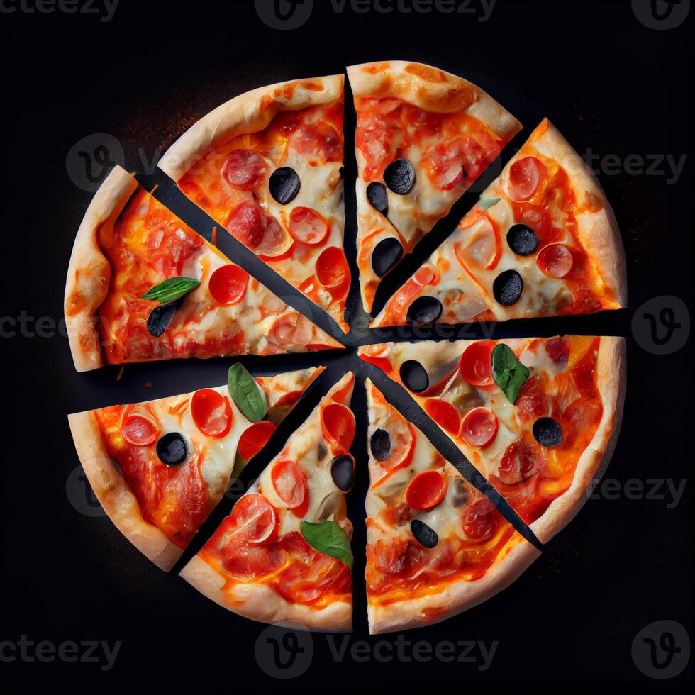 tranché Pizza séance sur Haut de une tableau. génératif ai. photo