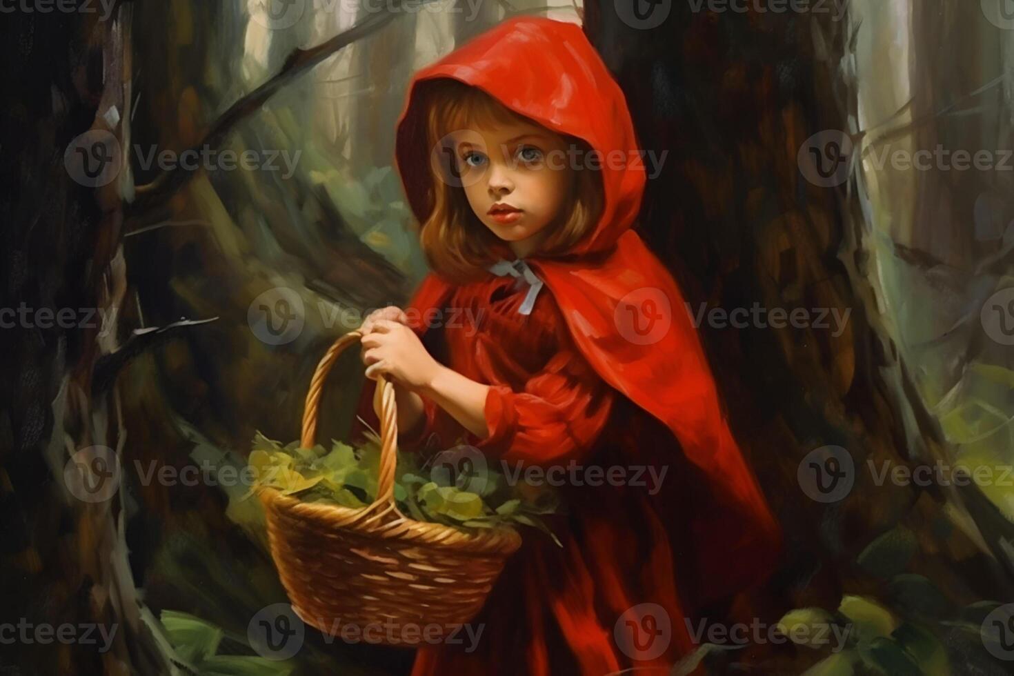 ai généré image de peu rouge équitation capot, Conte de fée personnage en marchant dans le forêt avec panier dans sa main photo