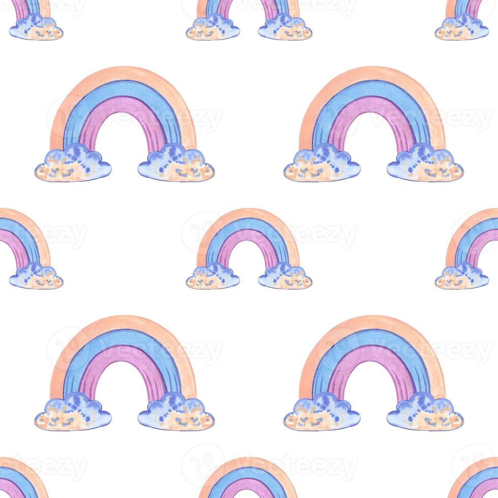 dessiné à la main aquarelle arc en ciel et des nuages sans couture modèle enfants textile. album conception, typographie affiche, étiqueter, bannière, Publier carte. photo