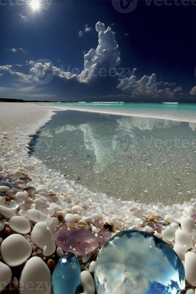 bleu pierre séance sur Haut de une plage suivant à le océan. génératif ai. photo