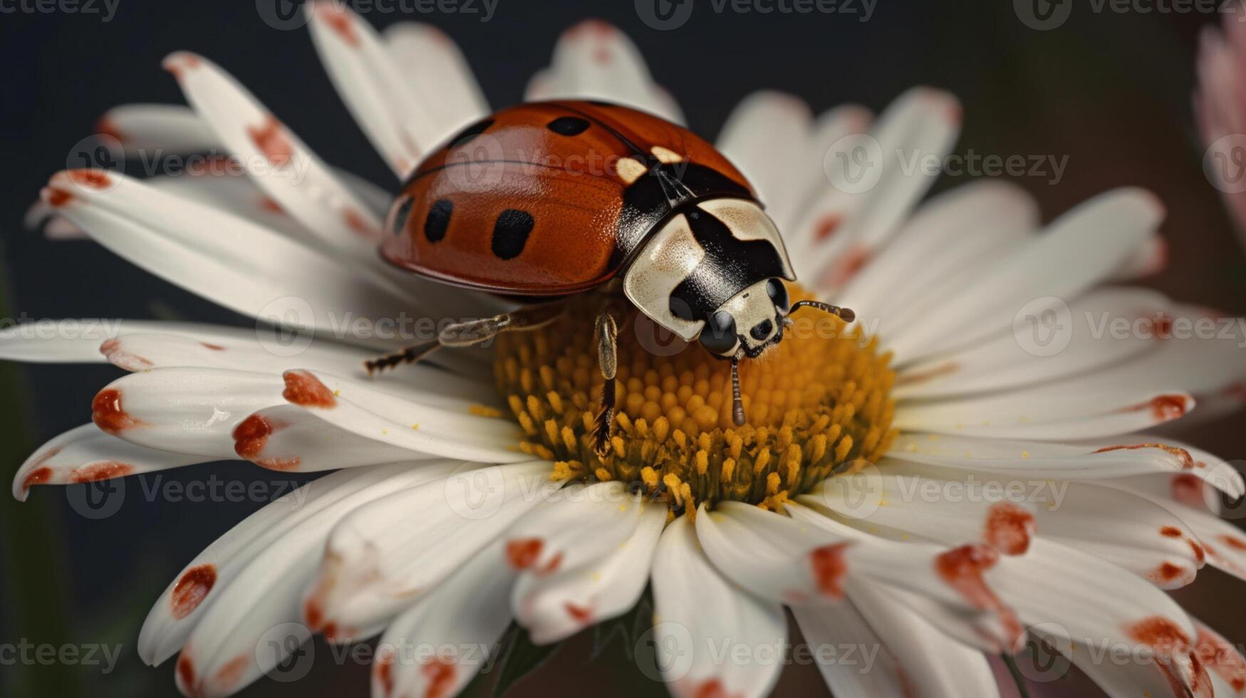 jardin visiteur, asiatique Dame scarabée sur une magnifique Marguerite ai généré photo