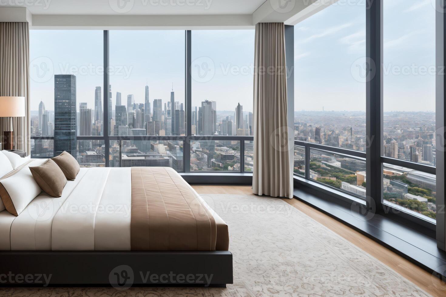 élevé vivant luxe attique chambre avec horizon ville voir. ai généré. photo