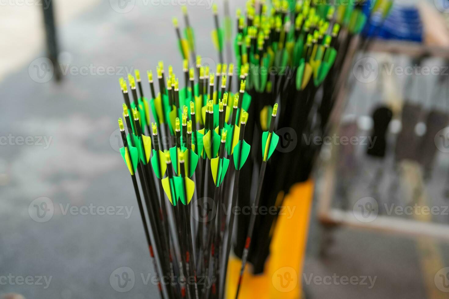 coloré groupe de tir à l'arc flèches spectacles empennage lequel sont Plastique aubes photo