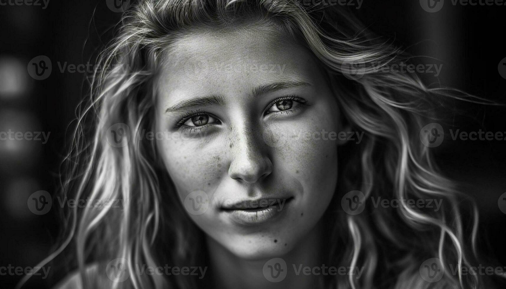 Jeune adulte femme avec longue blond cheveux souriant en plein air Heureusement généré par ai photo