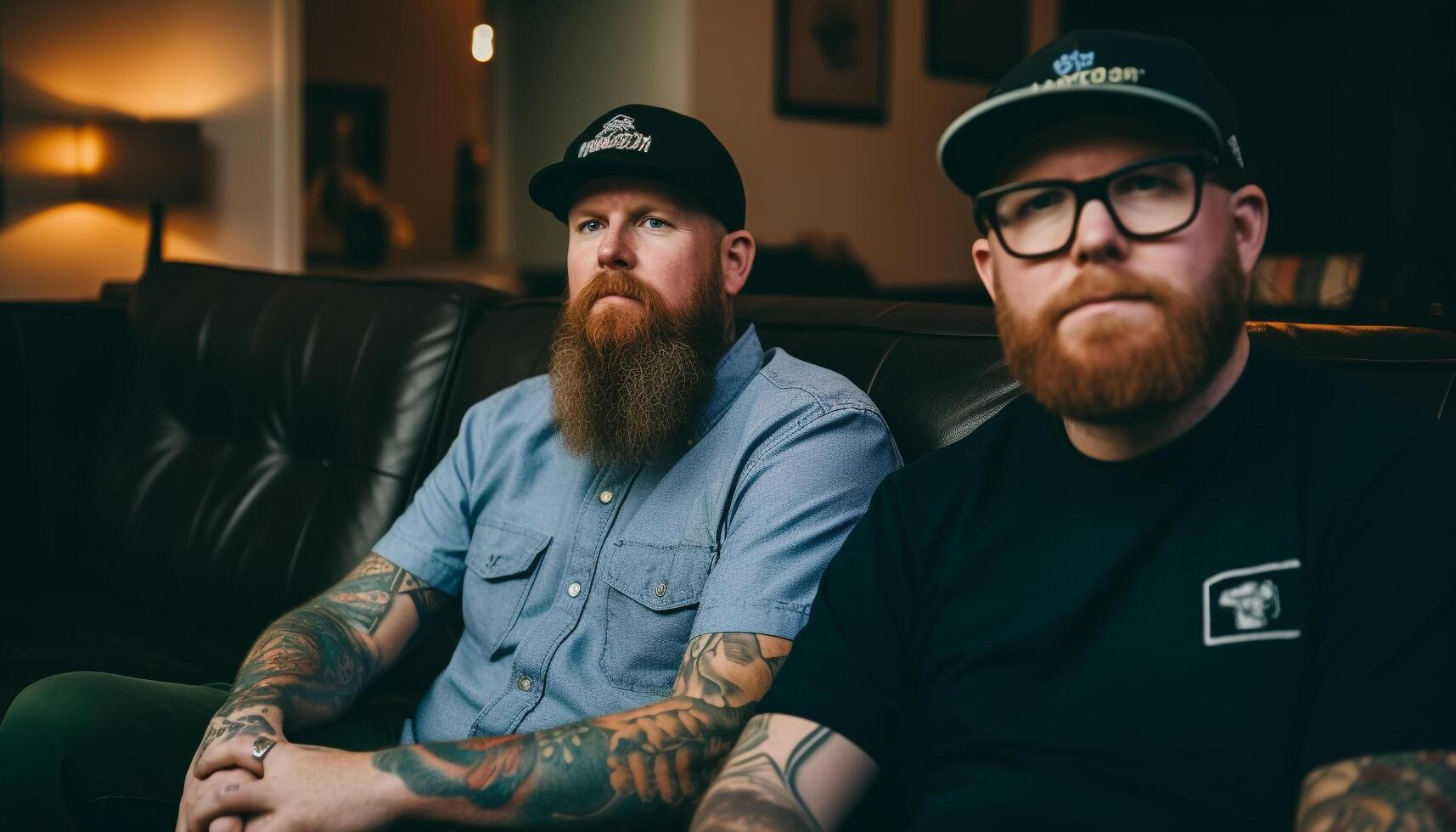 deux mâles séance sur canapé, un avec froussard tatouage généré par ai photo