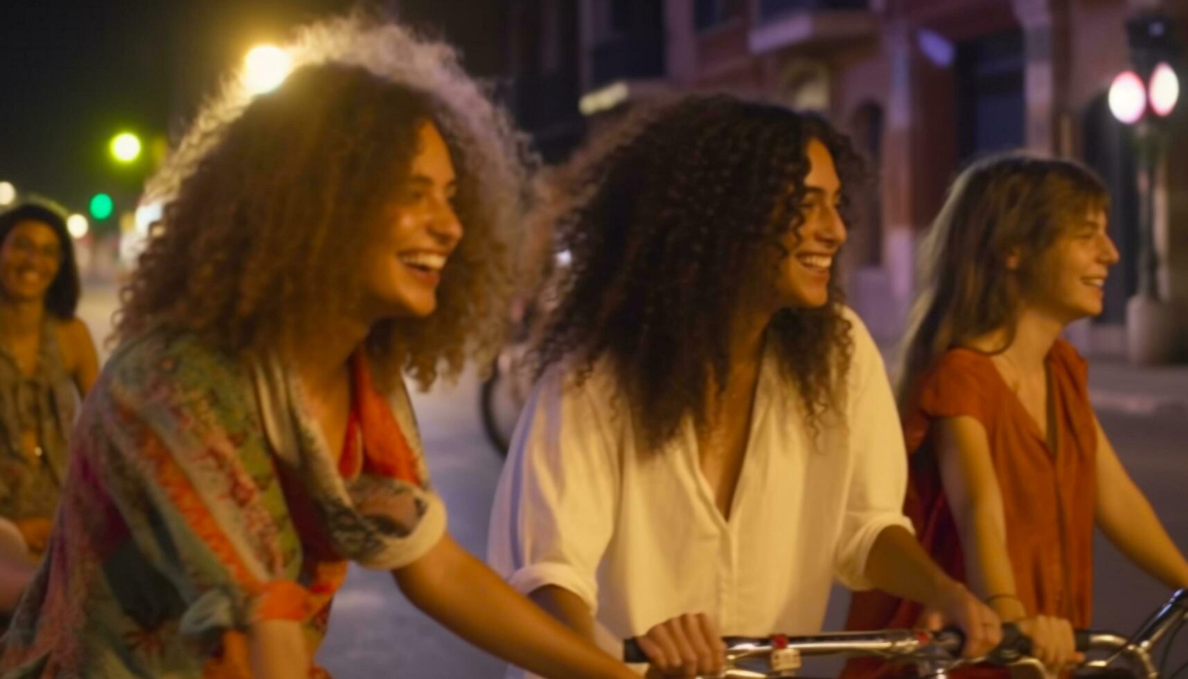 Jeune adultes prendre plaisir ville vie nocturne, en riant insouciant avec copains généré par ai photo