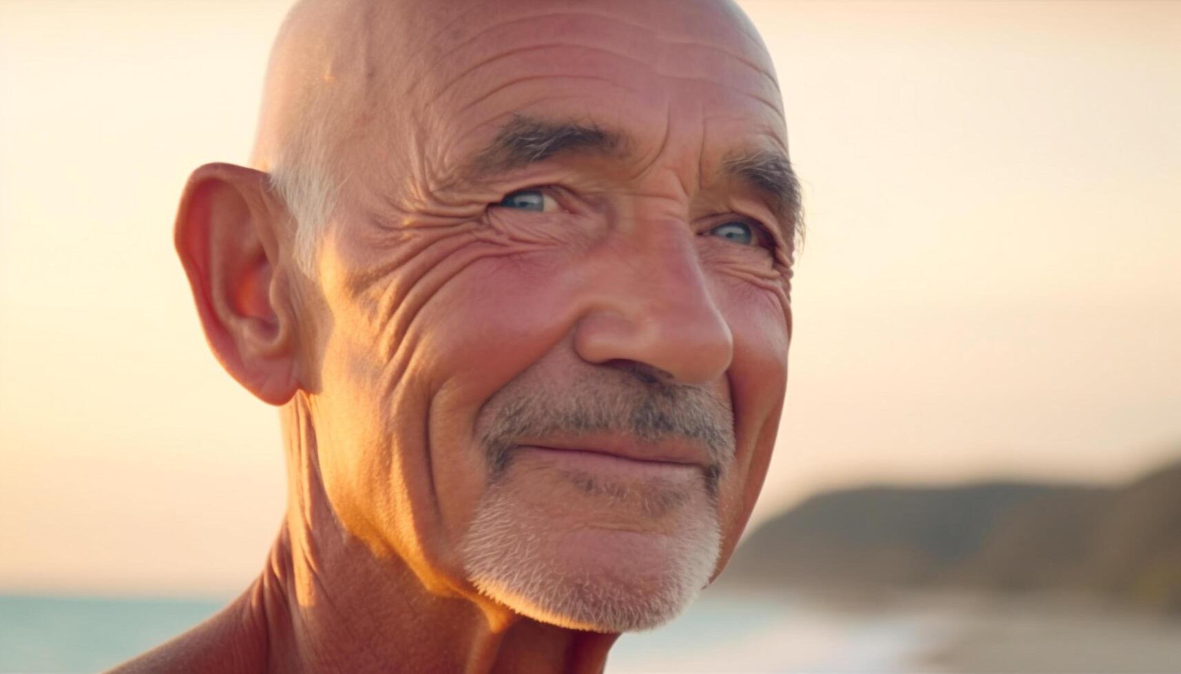 souriant Sénior homme jouit insouciant été vacances dans la nature lumière du soleil généré par ai photo