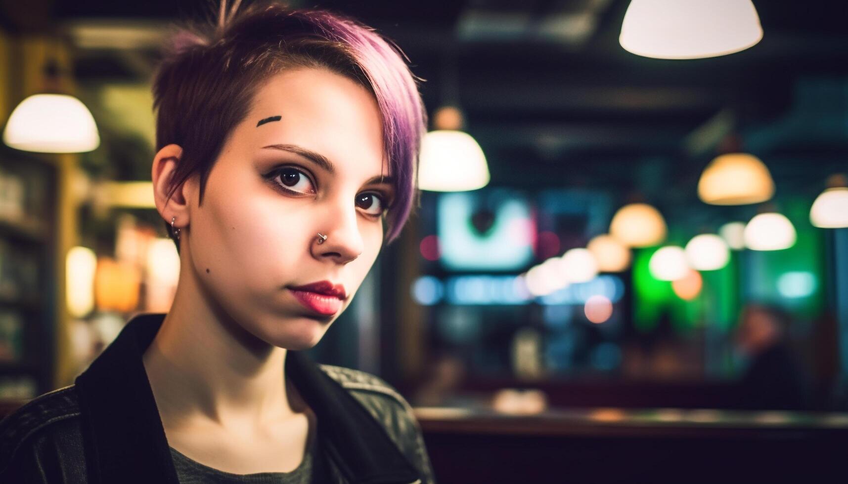 magnifique Jeune femme souriant, séance à café boutique, profiter vie nocturne généré par ai photo