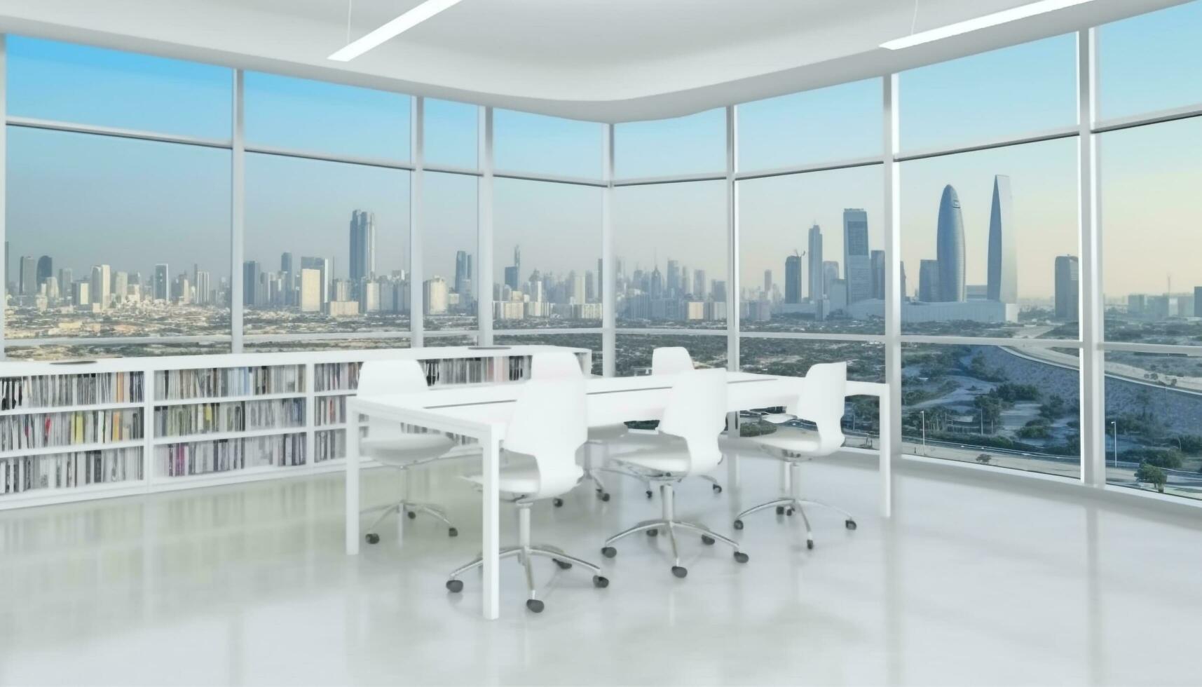 moderne Bureau avec panoramique paysage urbain voir, vide chaises et les tables généré par ai photo