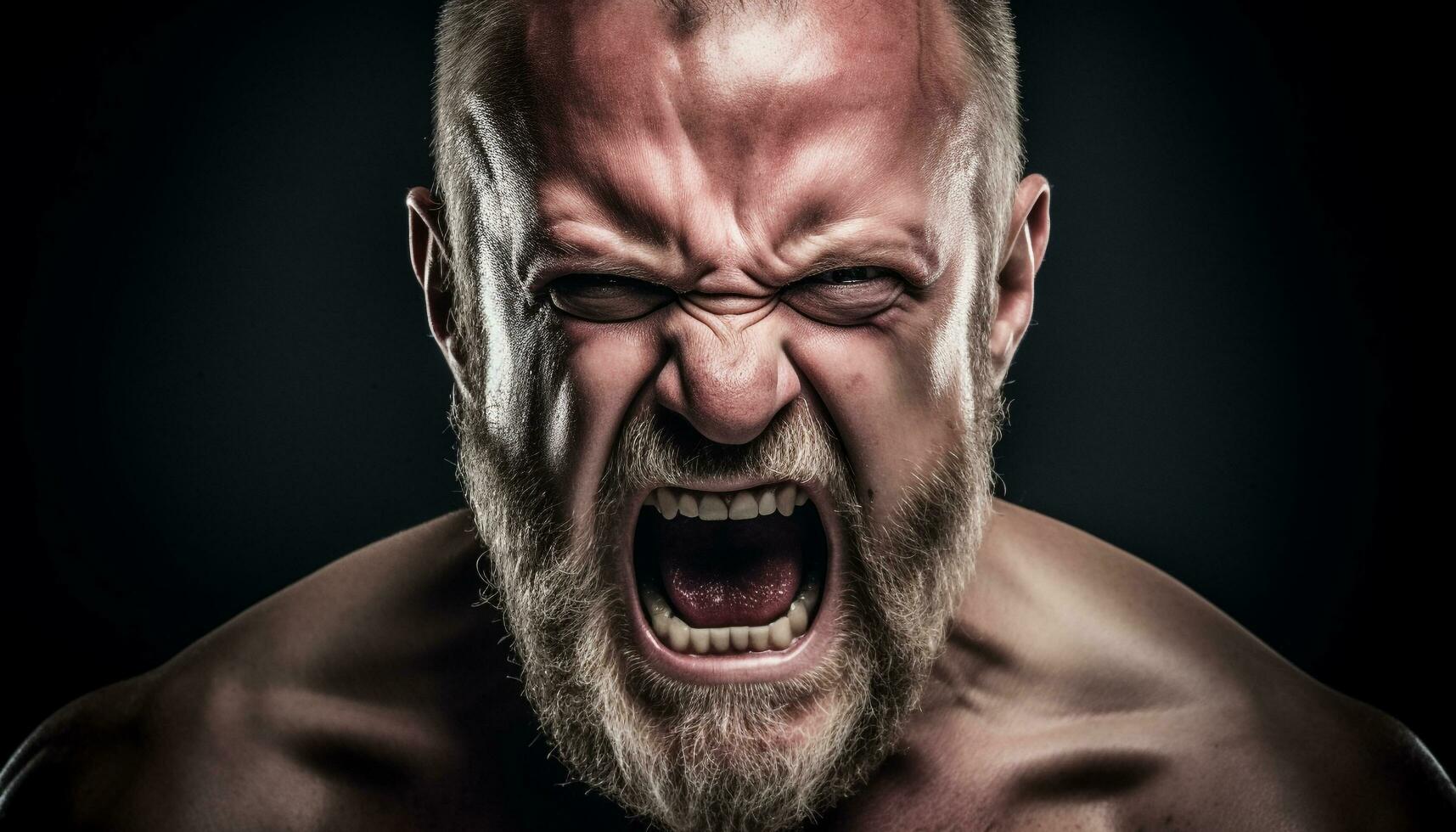 furieux homme cris dans douleur, serrant les dents avec agression généré par ai photo